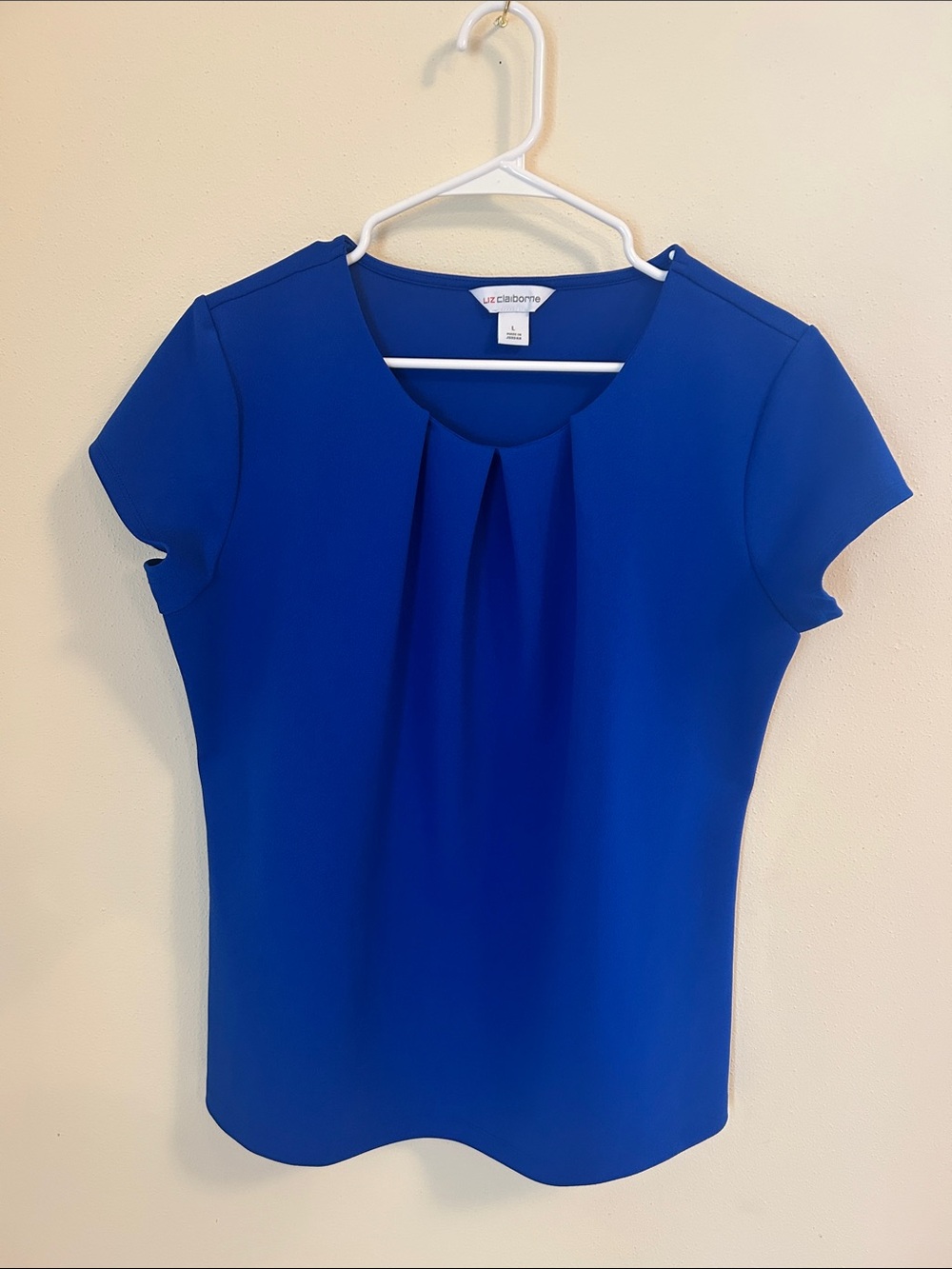Liz Claiborne Cobalt Blue Pleated Crew Neck Cap Sleeve Blouse